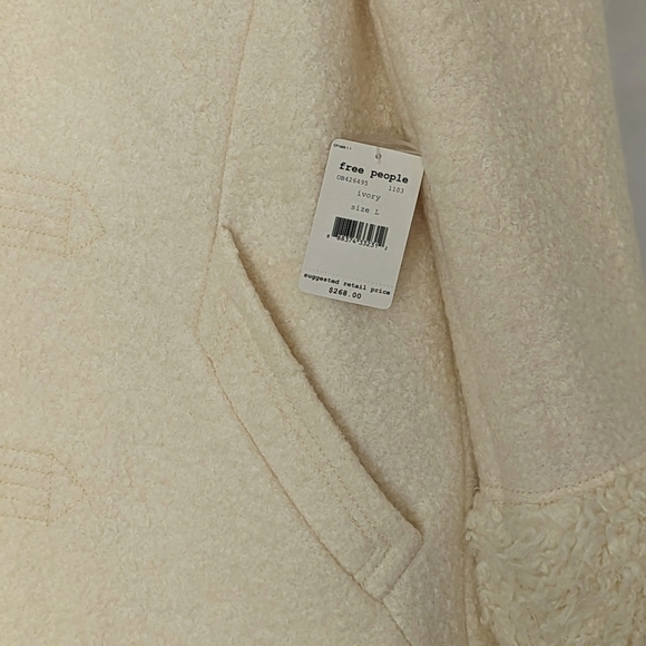 Free People Coat Jacket Wool Blend Sherpa Trim Button Front Lined Ivory L NWT - Picture 14 of 16